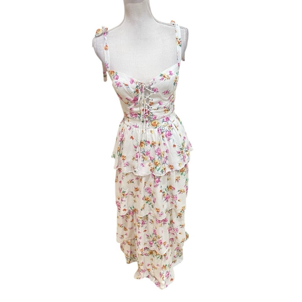 Wayf 2 piece floral flowy tiered maxi skirt & crop top corset tie straps small